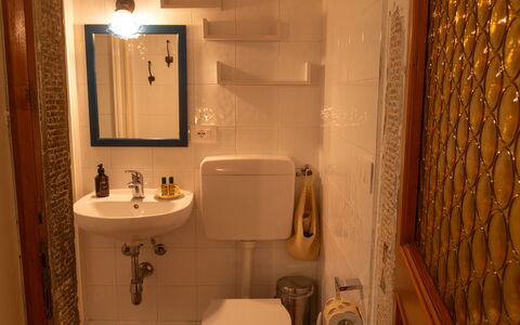 Podere Il Doccio: Badeværelsesvask, Badeværelse, Væg, Sanitærarmatur, Indretning, Håndvask, Spejl, Toiletbræt, Tap, Vvs