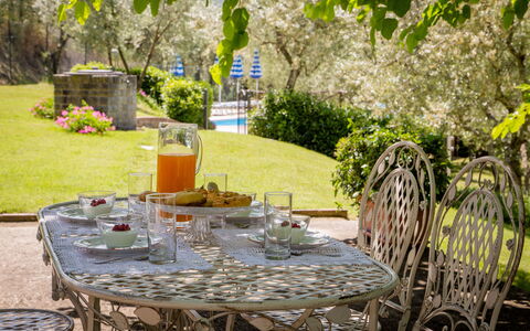 Villa Le Capanne: Grøn, Gul, Bord, Møbel, Backyard, Stol, Have, Træ, Restaurant, Plante