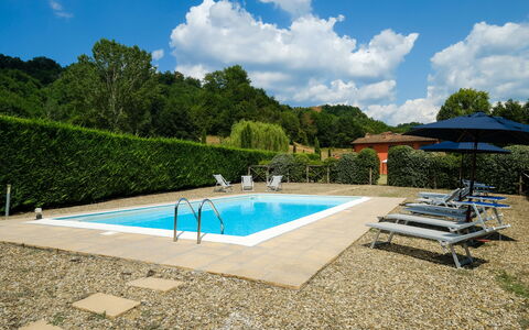 Villa Rossa: Svømmepøl, Azure, Udendørs Møbler, Skygge, Kompositmateriale, Liggestol, Paraply, Cumulus, Flise, Udendørs Bord