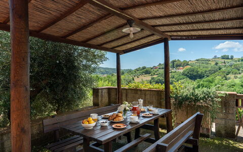 Villa Laura: Bord, Plante, Møbel, Skygge, Træ, Veranda, Indretning, Sky, Træ, Fritid