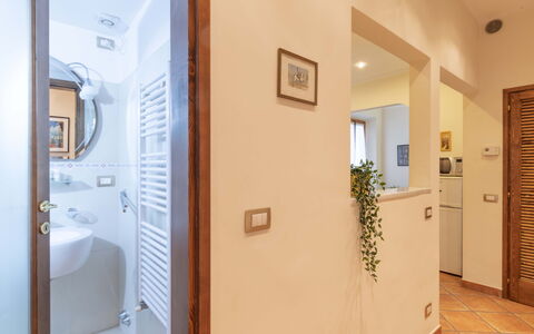 Vintage Apartment in Florence: Spejl, Håndvask, Plante, Stueplante, Belysning, Indretning, Dør, Badeværelse, Bygning