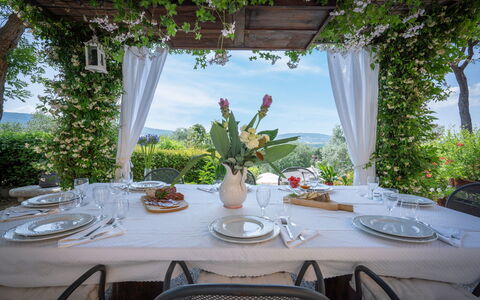 Villa Recanati, Val D'orcia, Private Pool, Jacuzzi: Bord, Bordservice, Plante, Møbel, Stol, Tallerkner, Dug, Himmel, Indretning, Dekoration
