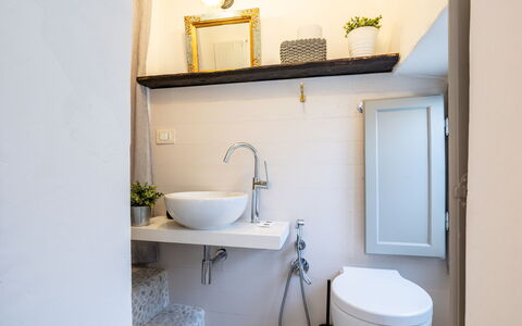 La Piccina: Tap, Plante, Ejendom, Sanitærarmatur, Håndvask, Badeværelsesvask, Spejl, Hvid, Badeværelse, Purple