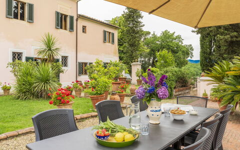 Villa Montegattoli, Pool, Landscape, Wifi, Ac: Blomst, Bord, Plante, Møbel, Bordservice, Bygning, Vindue, Mad, Stol, Blomsterkrukke