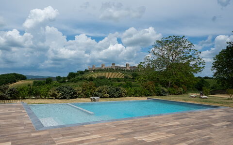 Le Torri, Borgo Campassini, Monteriggioni: Svømmepøl, Have, Flise, Landscaping, Skygge, Trægulve, Walkway, Backyard, Udendørs Møbler, Flise