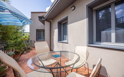 Il Ferrone Apartment with Garden - Greve in Chiant: Hjem, Møbel, Lejlighed, Stol, Altan, Skygge, Dagslys, Bejdse, Stueplante, Udendørs Møbler