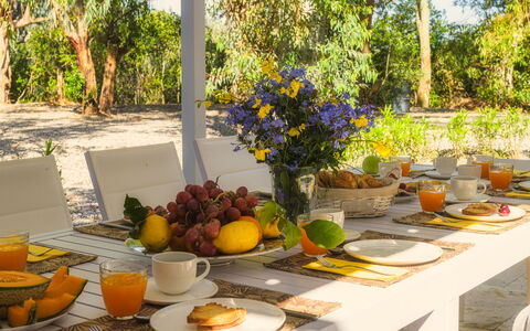 Villa Laconella 8+4: Møbel, Bordservice, Bord, Stol, Serveware, Udendørs Møbler, Tallerkner, Dug, Mad, Drinkware