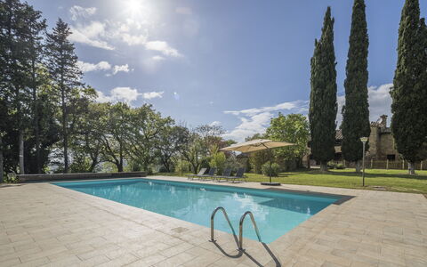Casa Clara Pool, Casole Elsa, Monti: Blå, Træ, Svømmepøl, Skygge, Have, Landscaping, Evergreen, Udendørs Møbler, Udvej